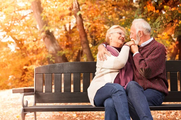 Starszy romantyczny człowiek całuje żonę rękę, na wolnym powietrzu — Zdjęcie stockowe