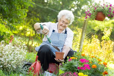 Gri saçlı yaşlı kadın baharda bahçede eğleniyor..