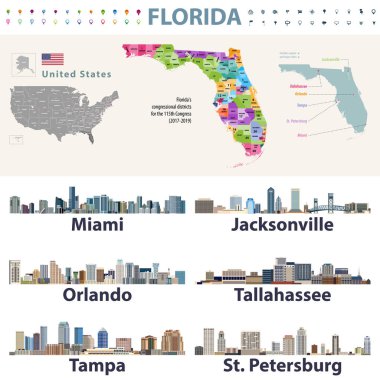 Florida'nın Kongre disctricts vektör göster cityscapes sermaye ve Florida'nın büyük şehirler ile