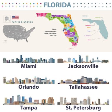 Florida's congressional disctricts vector map with cityscapes of capital and major cities of Florida clipart