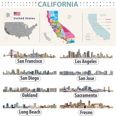 California's vector high detailed map showing counties formations. Skylines of major cities of California clipart