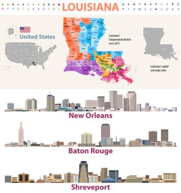 Louisiana's Congressional distrcits vector map with major cities skylines clipart