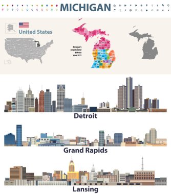 Michigan'ın kongre merkezlerine silüetini Michigan sermaye ve büyük şehirler ile eşleyin. Vektör çizim