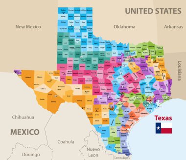 Texas'ın kongre merkezlerine 2013 beri vektör harita. Texasshowing Vilayetler oluşumları yüksek detaylı siyasi haritası