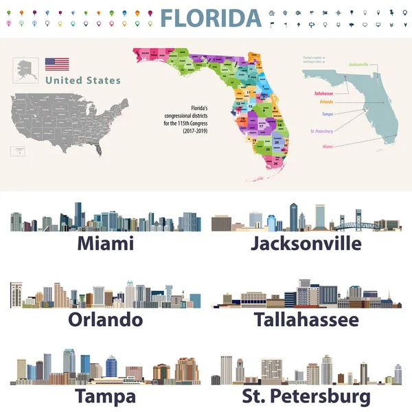 Florida Kongresu Disctricts Vektorová Mapa Panoramata Kapitálu Velkých Měst Floridě — Stockový vektor