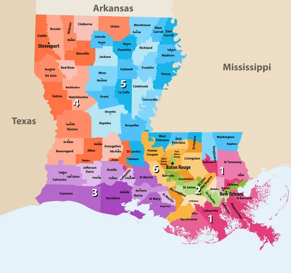 路易斯安那州的国会区向量高详细地图与地区和主要城市名称 — 图库矢量图片