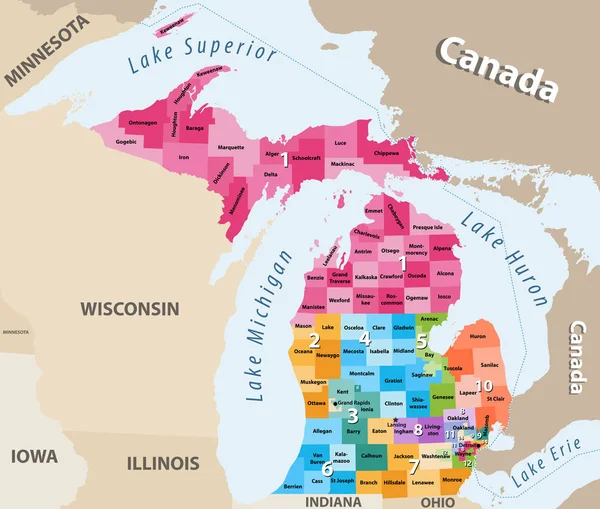 Michigan Kongresových Okresů Vysoce Detailní Vektorová Mapa — Stockový vektor