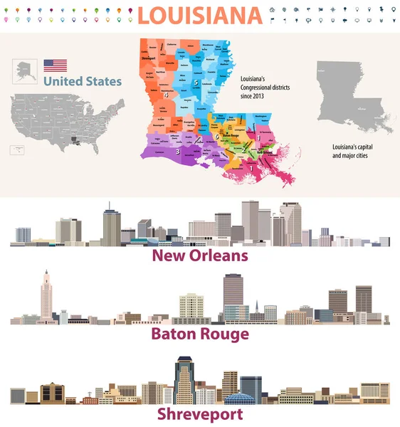 Louisiana Kongresu Distrcits Vektorová Mapa Hlavními Panoramata — Stockový vektor