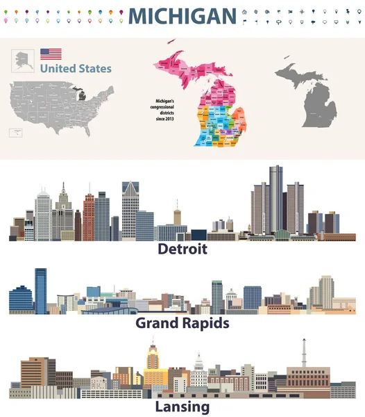 Michigan Dystryktach Mapie Kapitału Głównych Miast Skylines Michigan Ilustracja Wektorowa — Wektor stockowy