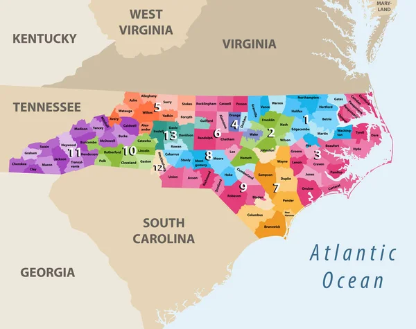 Mappa Vettoriale Dei Distretti Congressuali Della Carolina Del Nord Con — Vettoriale Stock