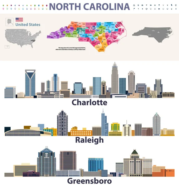 Vetorial Distritos Congressionais Mapa Principais Cidades Skylines Carolina Norte — Vetor de Stock