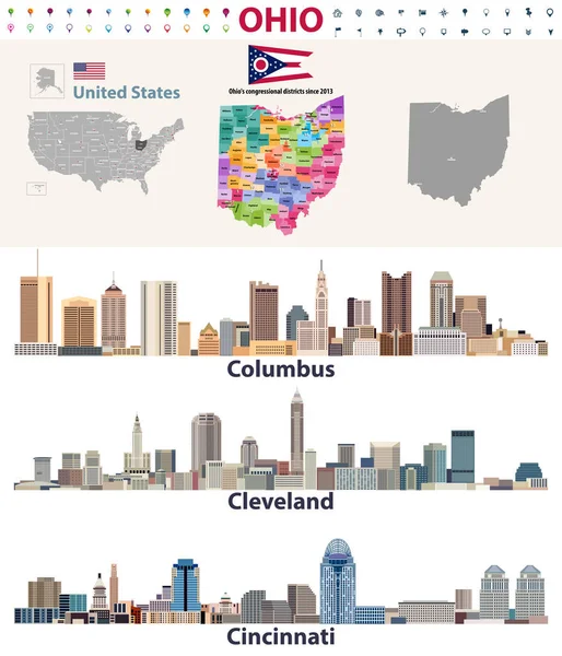 Mappa Vettoriale Principali Città Dello Stato Dell Ohio — Vettoriale Stock