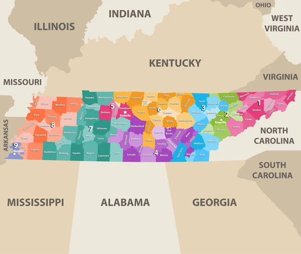 Tennessee Vetor Congressional Distrai Mapa Com Estados Mais Próximos — Vetor de Stock