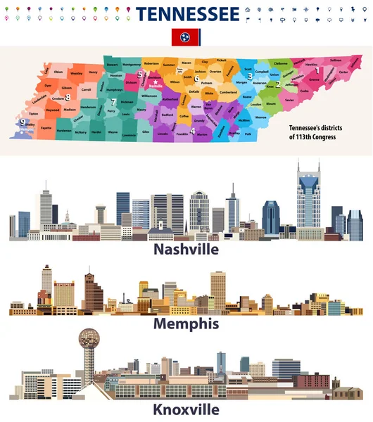 Vetorial Distritos Congressionais Mapa Grandes Cidades Skylines Abstratos Estado Tennessee — Vetor de Stock