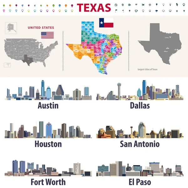 Texas Vector High Detailed Map Showing Counties Formations Largest Cities — Stock Vector
