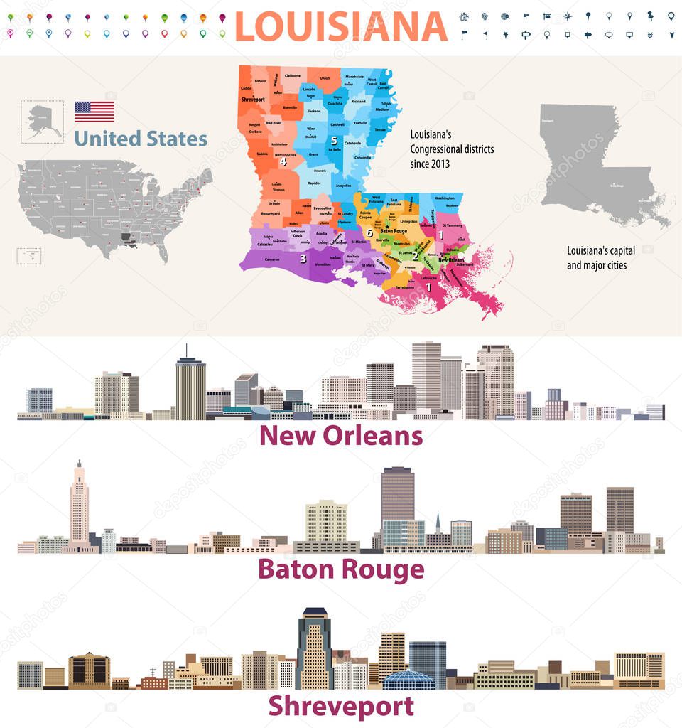 Louisiana's Congressional distrcits vector map with major cities skylines