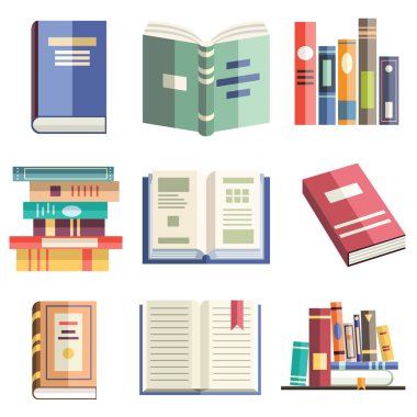 Renkli düz stil simgeleri çeşitli pozisyonlarda izole kitap. Öğrenme, eğitim, eğitim, bilgi, literarure, bilim ve Kütüphane nesneleri Tema.