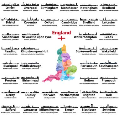 England cities skylines icons with names of city, region and ceremonial county. Flag and map of England clipart