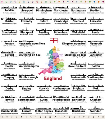 England major cities abstract skylines silhouettes icons. Map of England with all major cities clipart