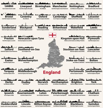 England major cities abstract skylines silhouettes icons. Map of England with all major cities and administrative divisions borders clipart