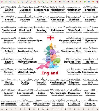 England major cities abstract skylines outline icons. Map of England with all major cities and administrative divisions borders clipart