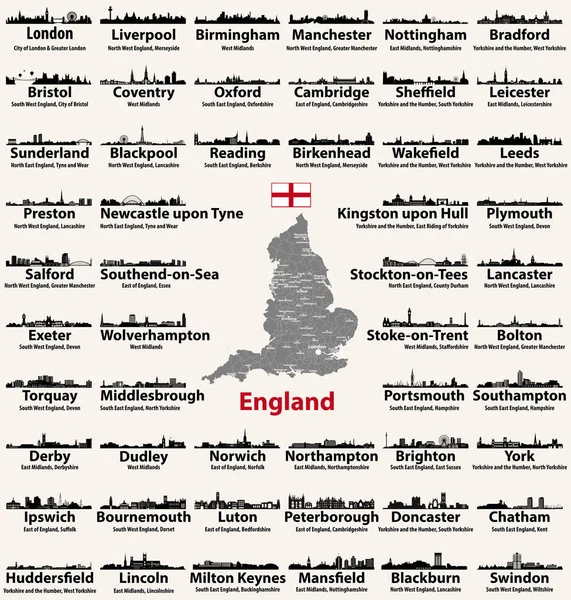 England Major Cities Abstract Skylines Silhouettes Icons Map England All — Stock Vector