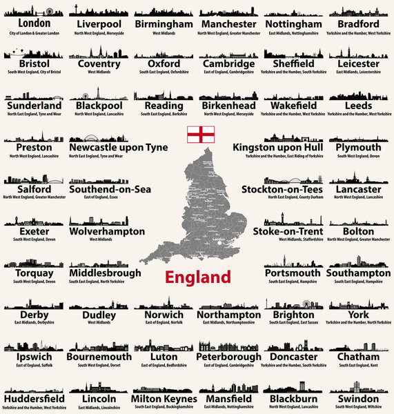 England major cities abstract skylines silhouettes icons. Map of England with all major cities and administrative divisions borders