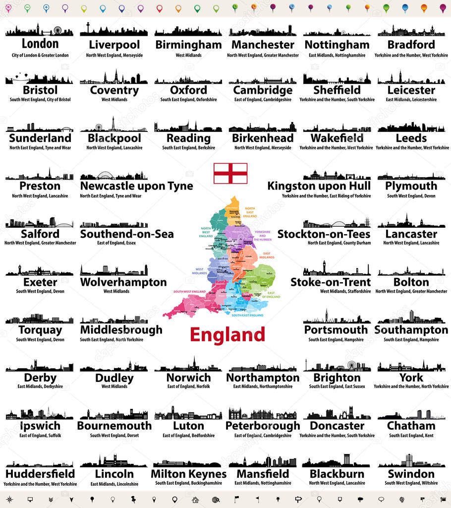 England major cities abstract skylines silhouettes icons. Map of England with all major cities