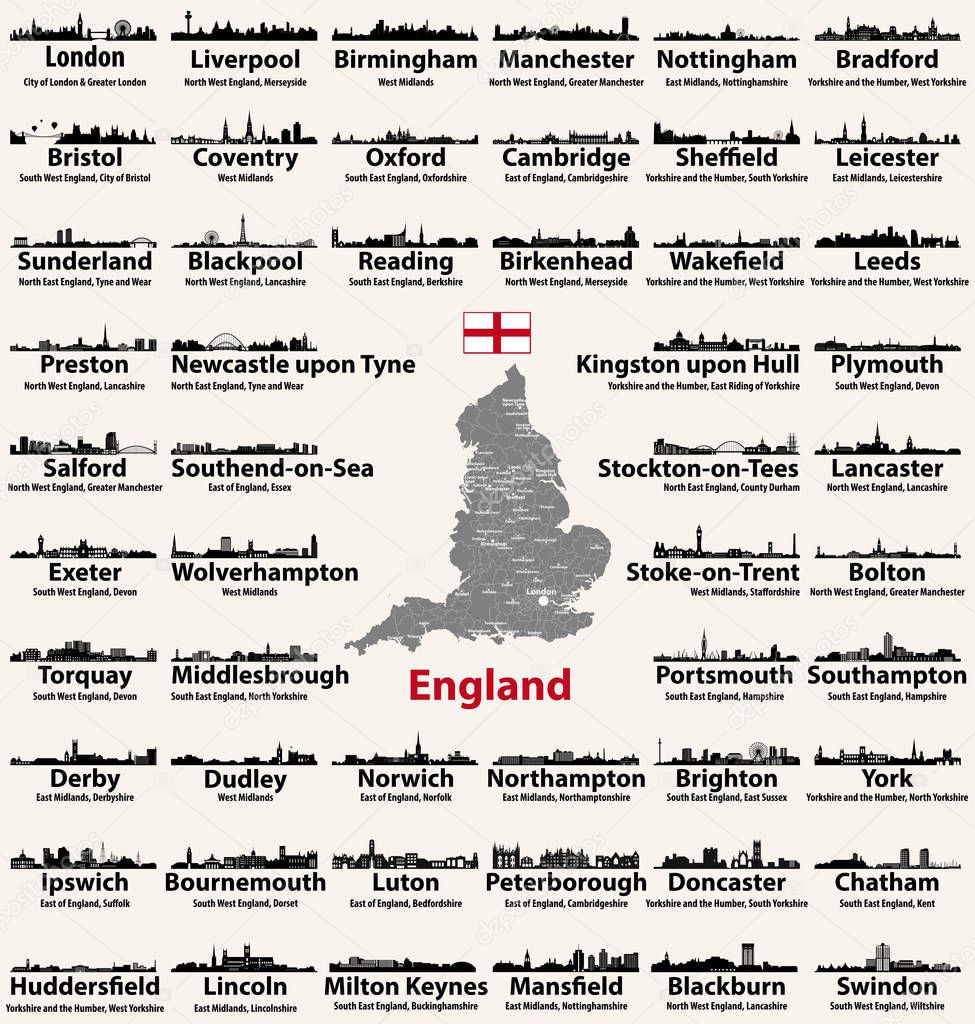 England major cities abstract skylines silhouettes icons. Map of England with all major cities and administrative divisions borders