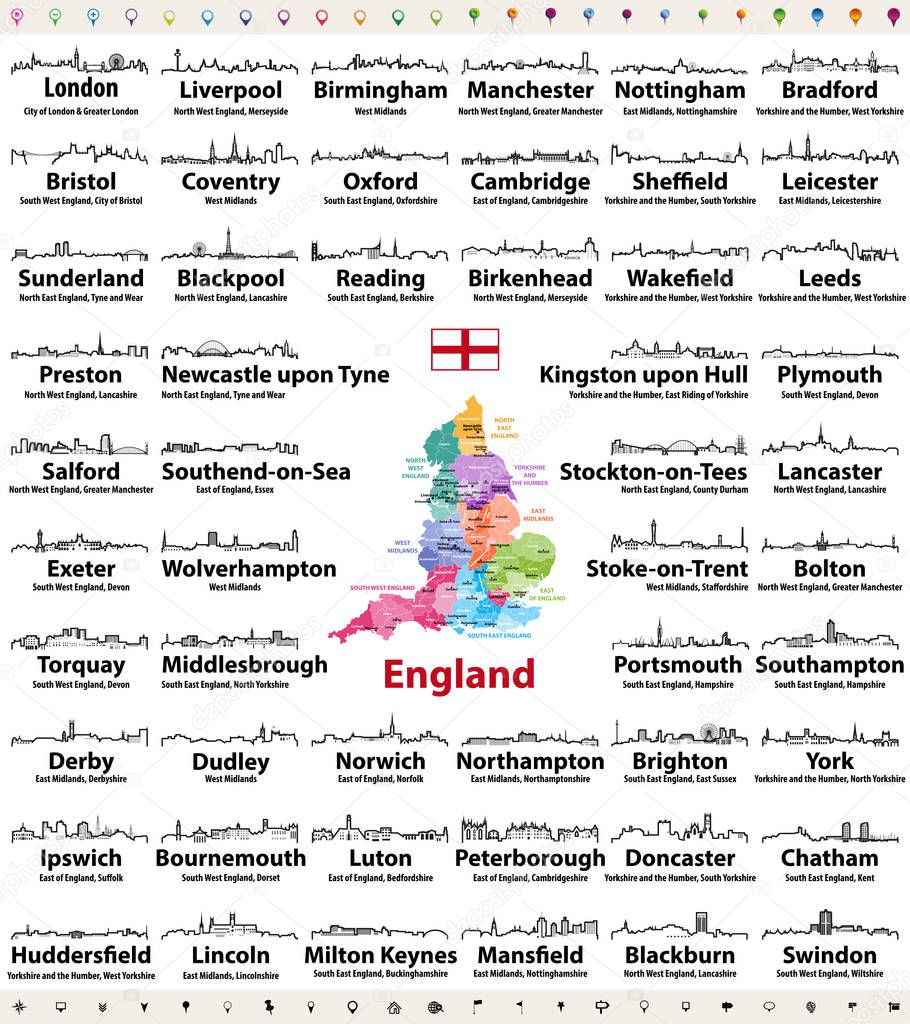 England major cities abstract skylines outline icons. Map of England with all major cities and administrative divisions borders