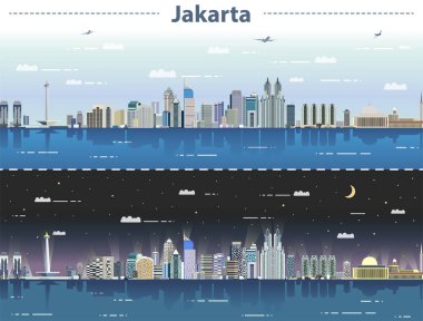 vektör çizim Jakarta manzarası, gece ve gündüz