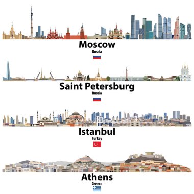 cityscapes of Moscow, Saint Petersburg, Istanbul and Athens. Flags of Russia, Turkey and Greece. Vector  high detailed illustration