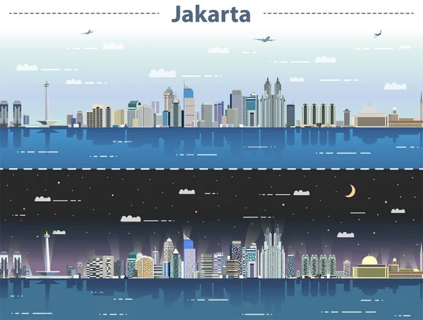昼と夜でジャカルタのスカイラインのベクトル図 — ストックベクタ