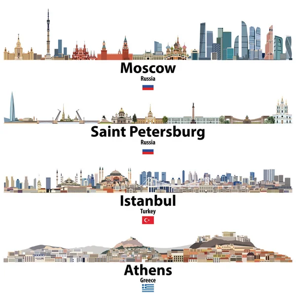 imgelerinde Moskova, St. Petersburg, Istanbul ve Atina. Rusya, Türkiye ve Yunanistan bayrakları. Vektör yüksek detaylı çizim