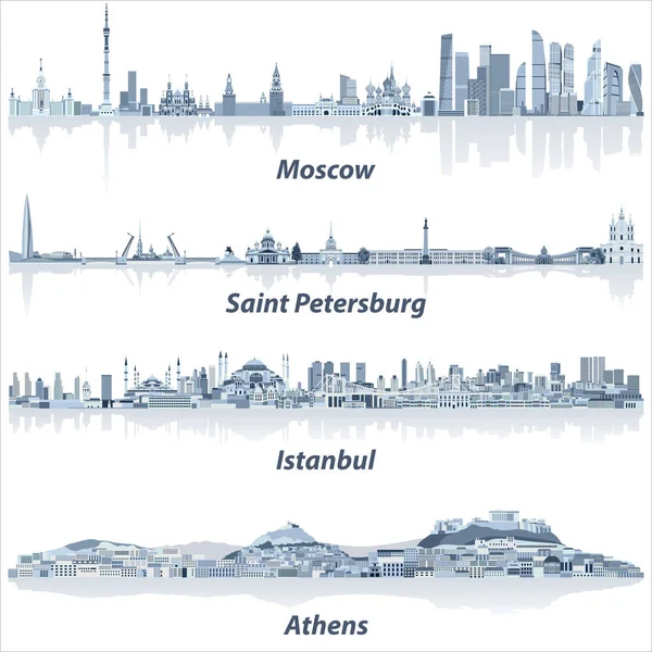 yumuşak mavi renk paletindeki vector şehirler silüetini Moskova, St. Petersburg, Istanbul ve Atina