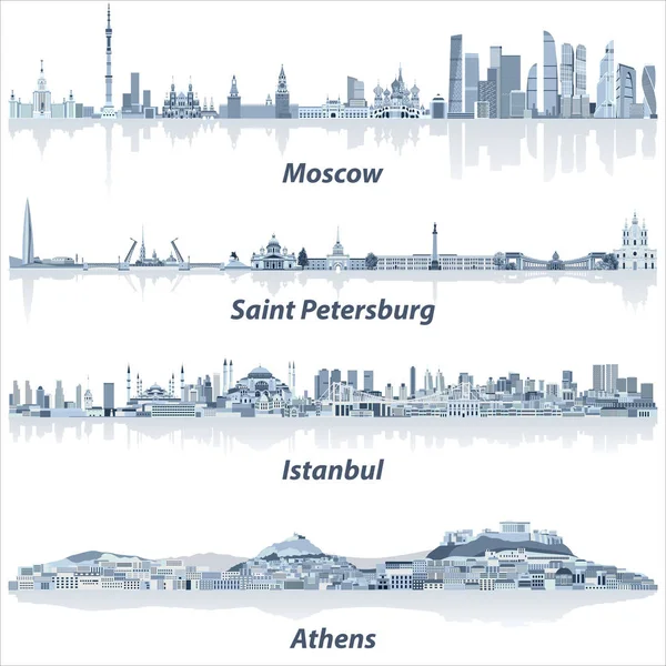 Векторные Горизонты Городов Москвы Санкт Петербурга Стамбула Афин Мягкой Синей — стоковый вектор