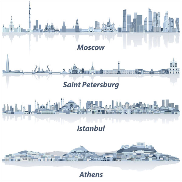 vector cities skylines of Moscow, Saint Petersburg, Istanbul and Athens in soft blue color palette