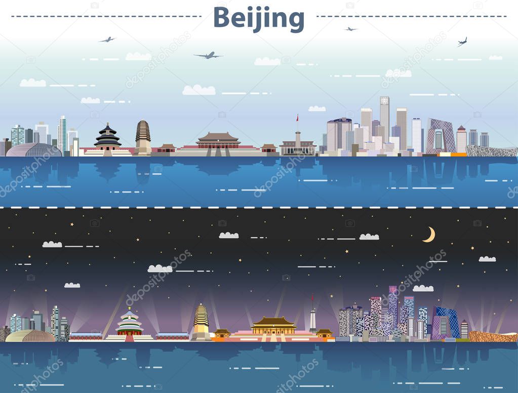 vector illustration of Beijing skyline at day and night