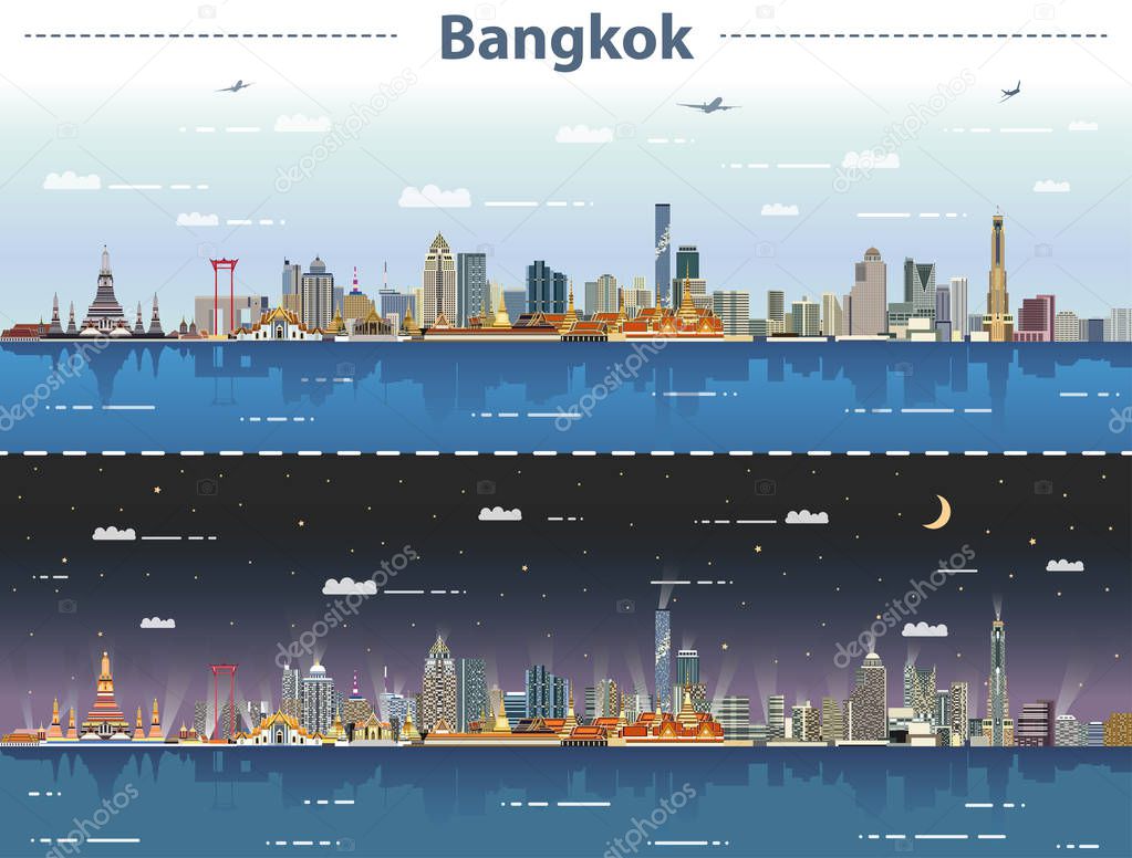 vector abstract illustration of Bangkok skyline at day and night