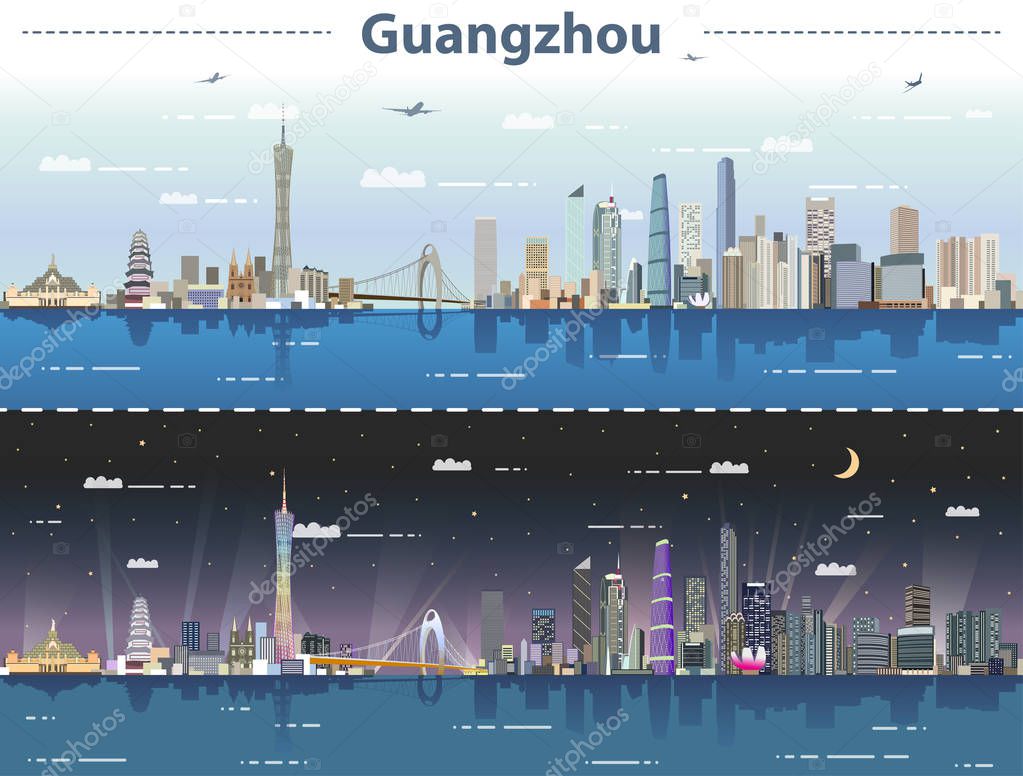 vector abstract illustration of Guangzhou  skyline at day and night