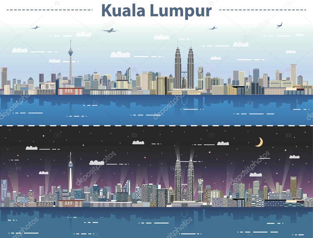 vector illustration of Kuala Lumpur skyline at day and night