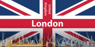 Londra şehir manzarası vektör çizim ile İngiltere bayrağı arka plan üzerinde