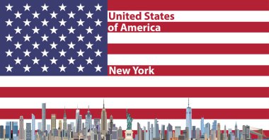 New York şehir manzarası vektör çizim ile Amerika Birleşik Devletleri bayrağı arka plan üzerinde