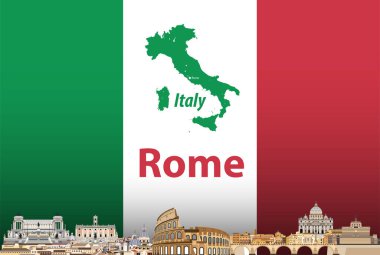 Roma şehir manzarası ile bayrak ve İtalya Haritası arka plan üzerinde vektör çizim