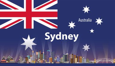 Sydney şehir manzarası vektör çizim arka plan üzerinde Avustralya bayrağı ile