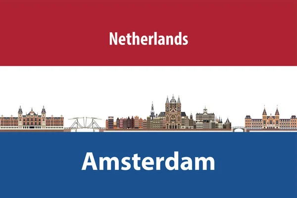 Vector illustration of Amsterdam city skyline with flag of Netherlands on background