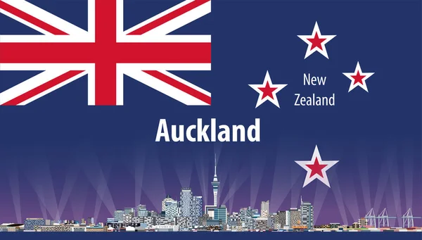 背景にニュージーランドの旗とオークランド市街のスカイラインのベクトル イラスト — ストックベクタ