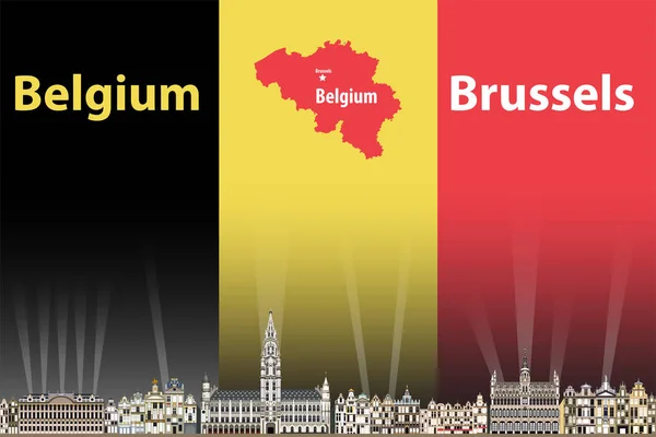 Vector Illustration Brussels City Skyline Flag Map Belgium Background — Stock Vector