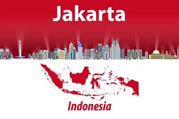 地図の背景にインドネシアのジャカルタ都市スカイラインのベクトル イラスト — ストックベクタ
