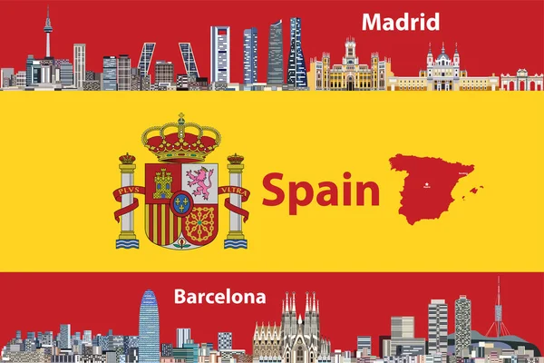 Illustrazione Vettoriale Delle Città Madrid Barcellona Skyline Con Bandiera Mappa — Vettoriale Stock